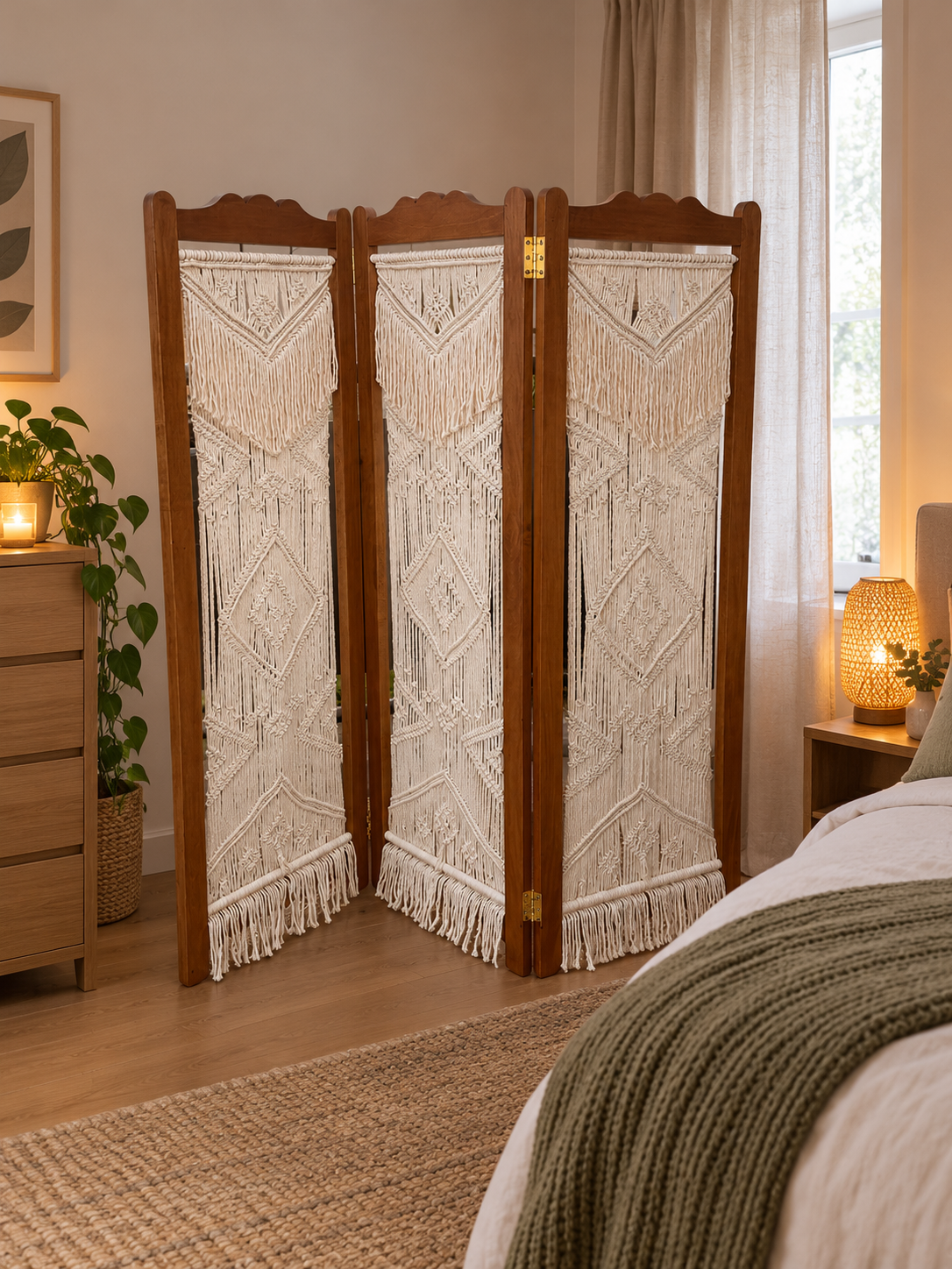 Gezellige boho-slaapkamer met macramé kamerscherm.png