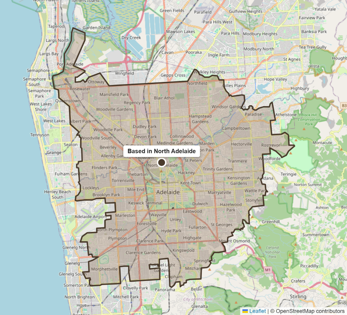 aMap of Set In Stone Masonry's service area, from Port Adelaide through North Adelaide, Prospect, Norwood, Unley and Mile End
