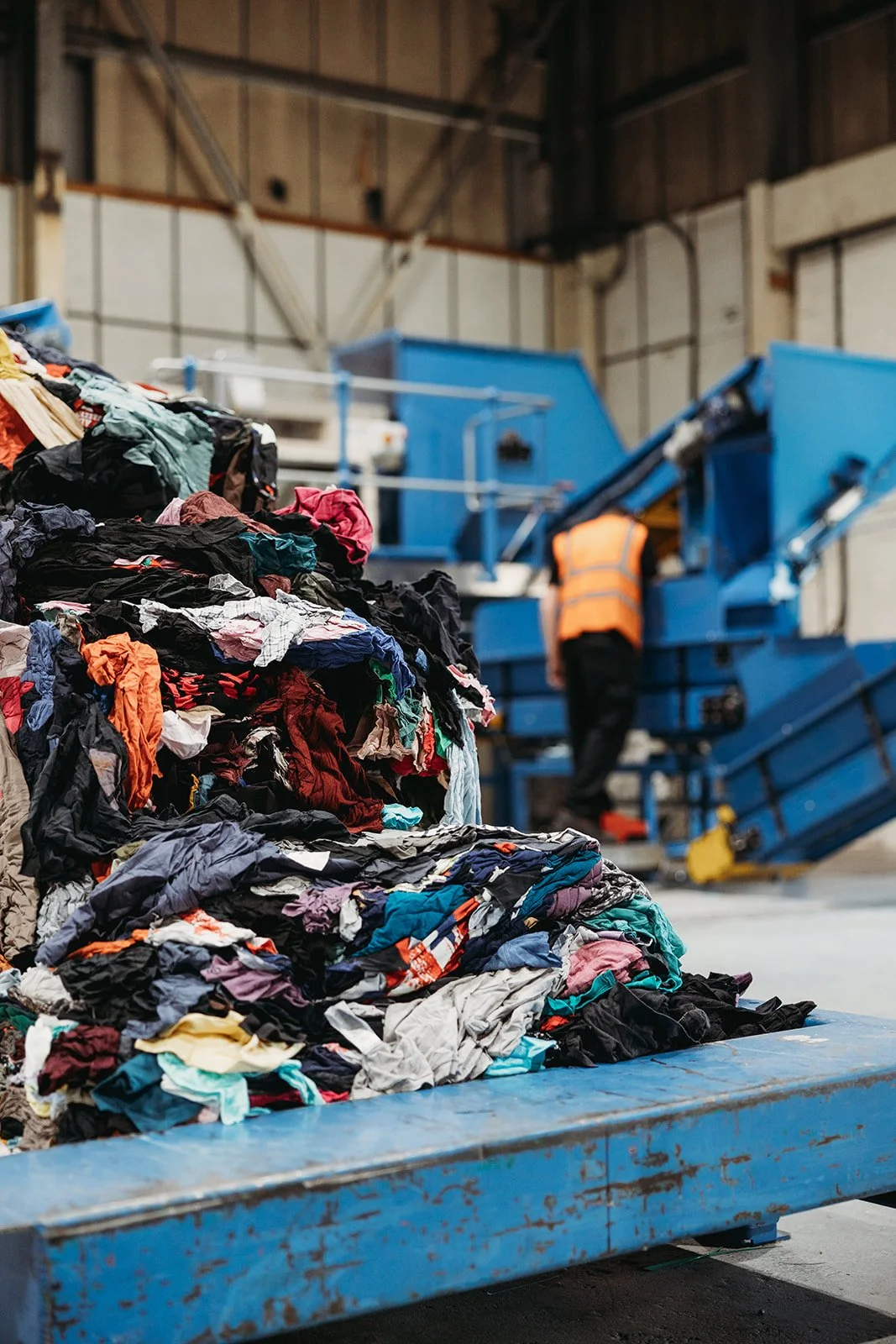 Pile of rags waiting to go through an industrial metal detector