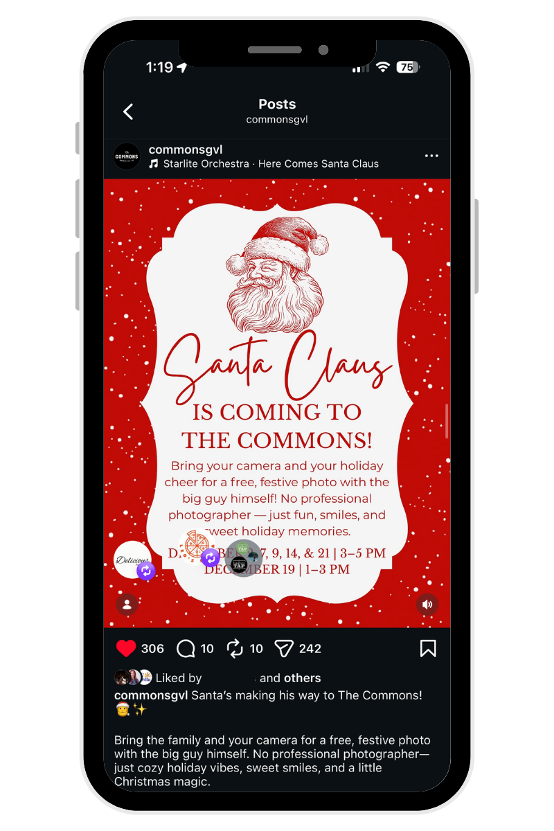 A festive social media post showcasing social media management and content creation in Greenville, SC, announcing Santa Claus' visit to The Commons, featuring a drawing of Santa's face, holiday decorations, and details.