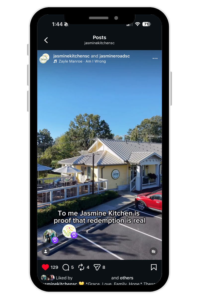 phone screen showcasing content creation in Greenville, SC for Jasmine Kitchen