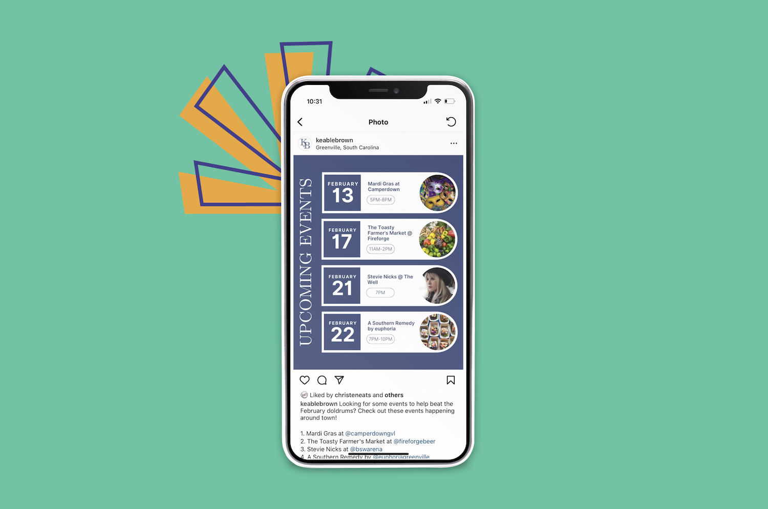 An iPhone displaying a social media post showcasing social media management in Greenville, SC