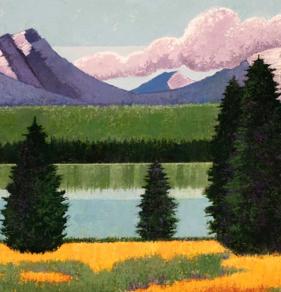 Original 18 × 14 acrylic painting of Pettit Lake in Idaho, showing golden meadow grasses, dark evergreen trees, pale blue water, and rugged Sawtooth Mountain peaks beneath a softly clouded sky.