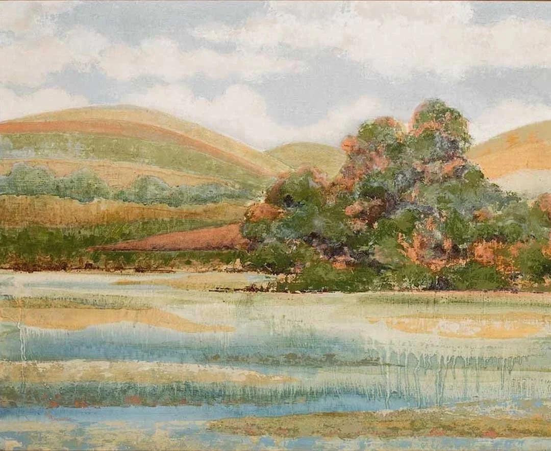 Original 20 × 16 acrylic painting of Lake Morey in Vermont, featuring calm blue water, softly reflected hills, a shoreline cluster of green and rust-colored trees, and a pale, cloud-filled sky.