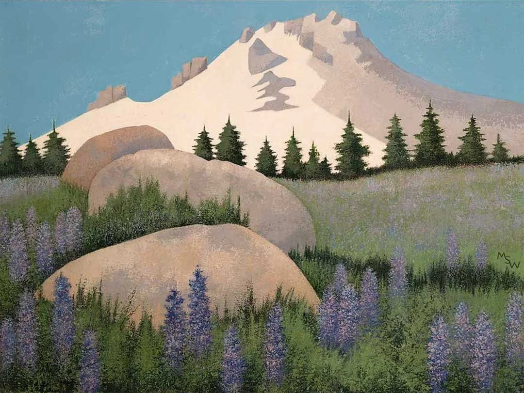 Original 24 × 18 acrylic painting of snow-covered Mount Hood rising above evergreen trees, large rounded boulders, green meadow grasses, and blooming purple lupines beneath a clear blue sky.