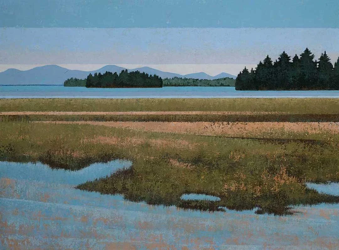 Original acrylic painting of Richardson Lake in Maine, showing marsh grasses and winding blue water in the foreground, forested islands across the lake, and distant blue mountains beneath a pale sky.