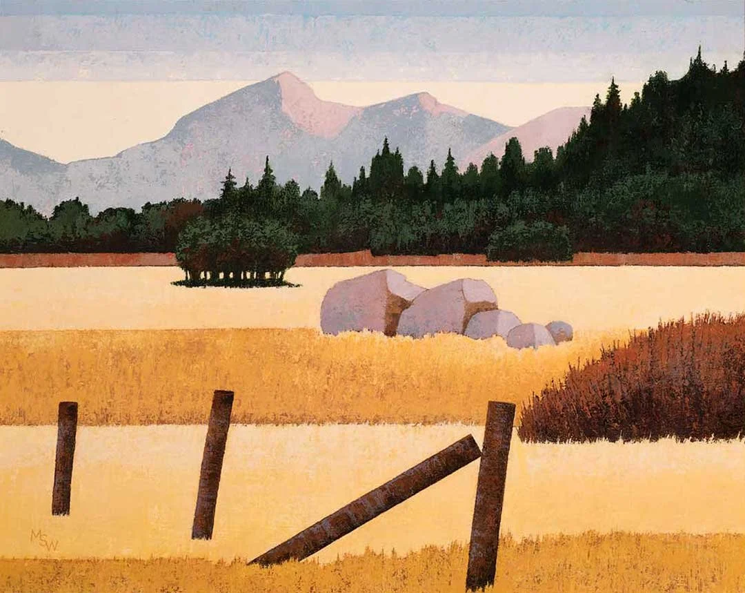 Original 20 × 16 acrylic painting of a golden Sierra meadow with weathered fence posts, pale granite boulders, dark evergreen trees, and softly illuminated mountains in the distance.
