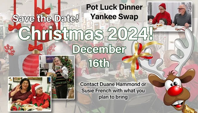 A festive poster announcing a Christmas potluck dinner and Yankee swap on December 16th, 2024, with photos of smiling people, Christmas decorations, and a reindeer graphic.