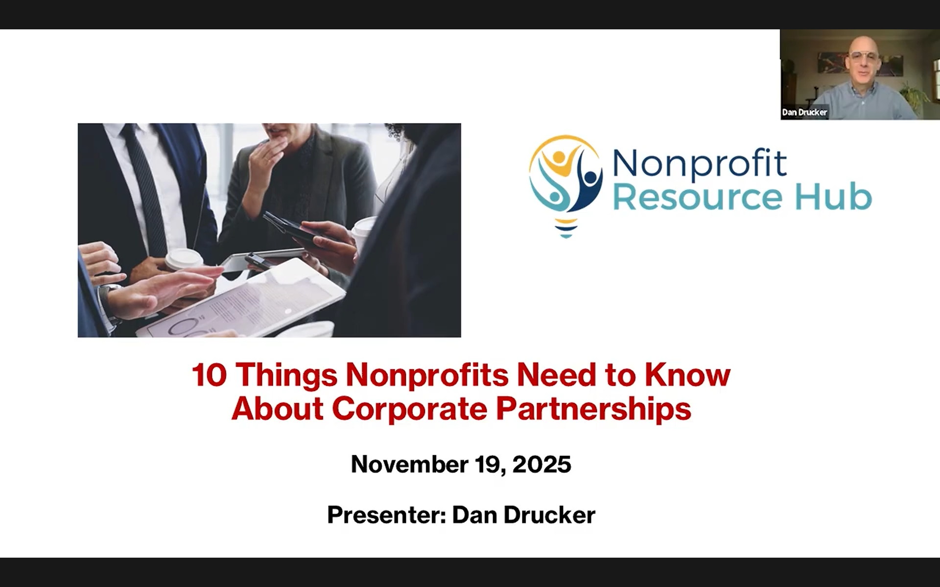 Screenshot of Opening Slide to the Nonprofit Resource Hub workshop conducted by Dan Drucker