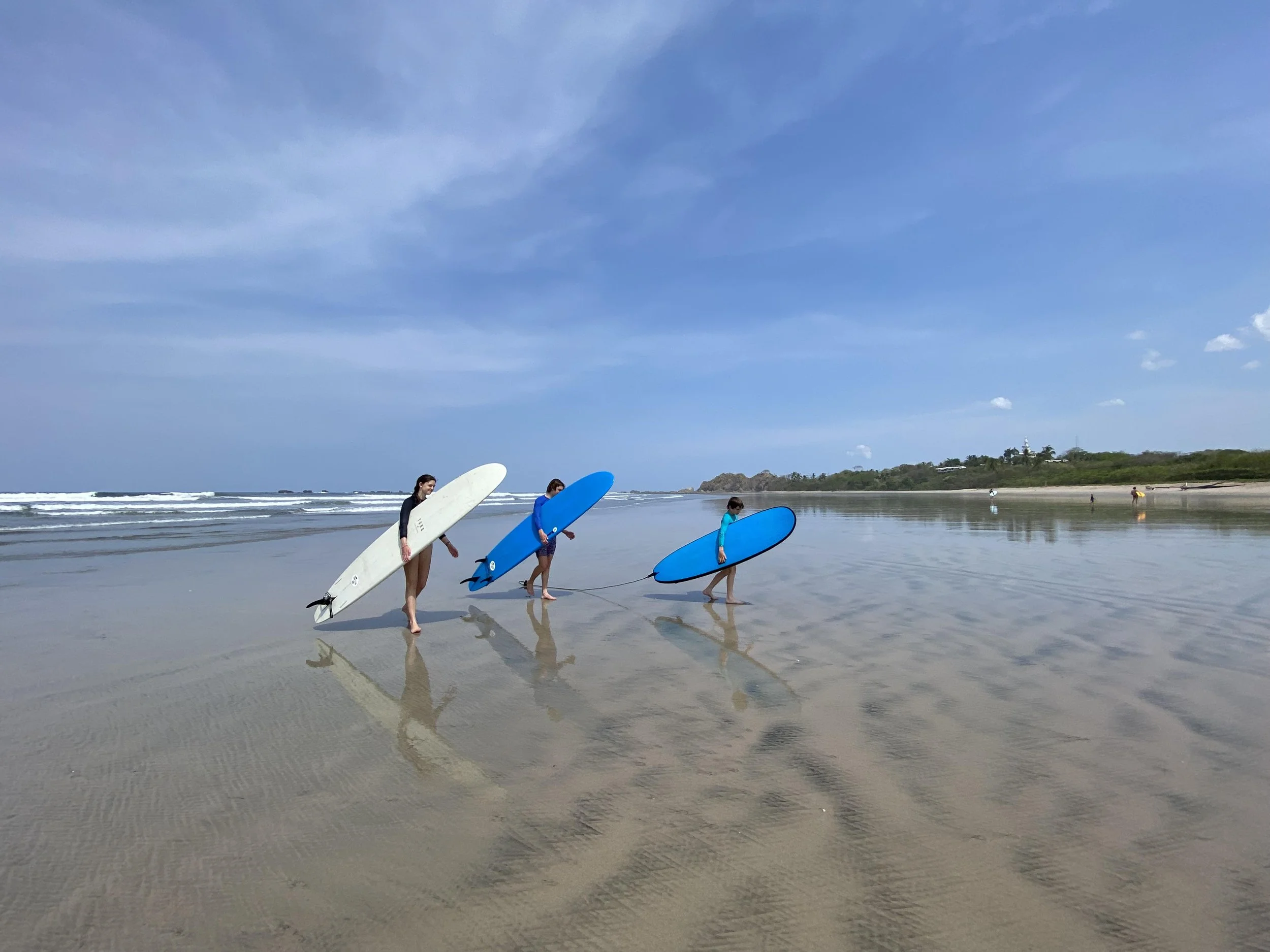 Three people carrying surfboards walking along a beach with gentle waves under a clear blue sky.