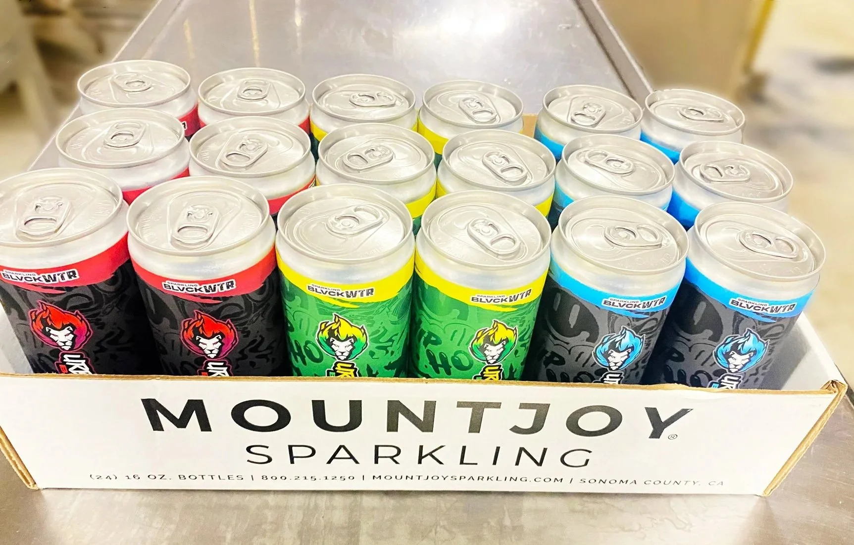 A box of 16 oz bottles of Mountjoy Sparkling beverages in various flavors, including black, citrus, and blueberry, arranged in rows.