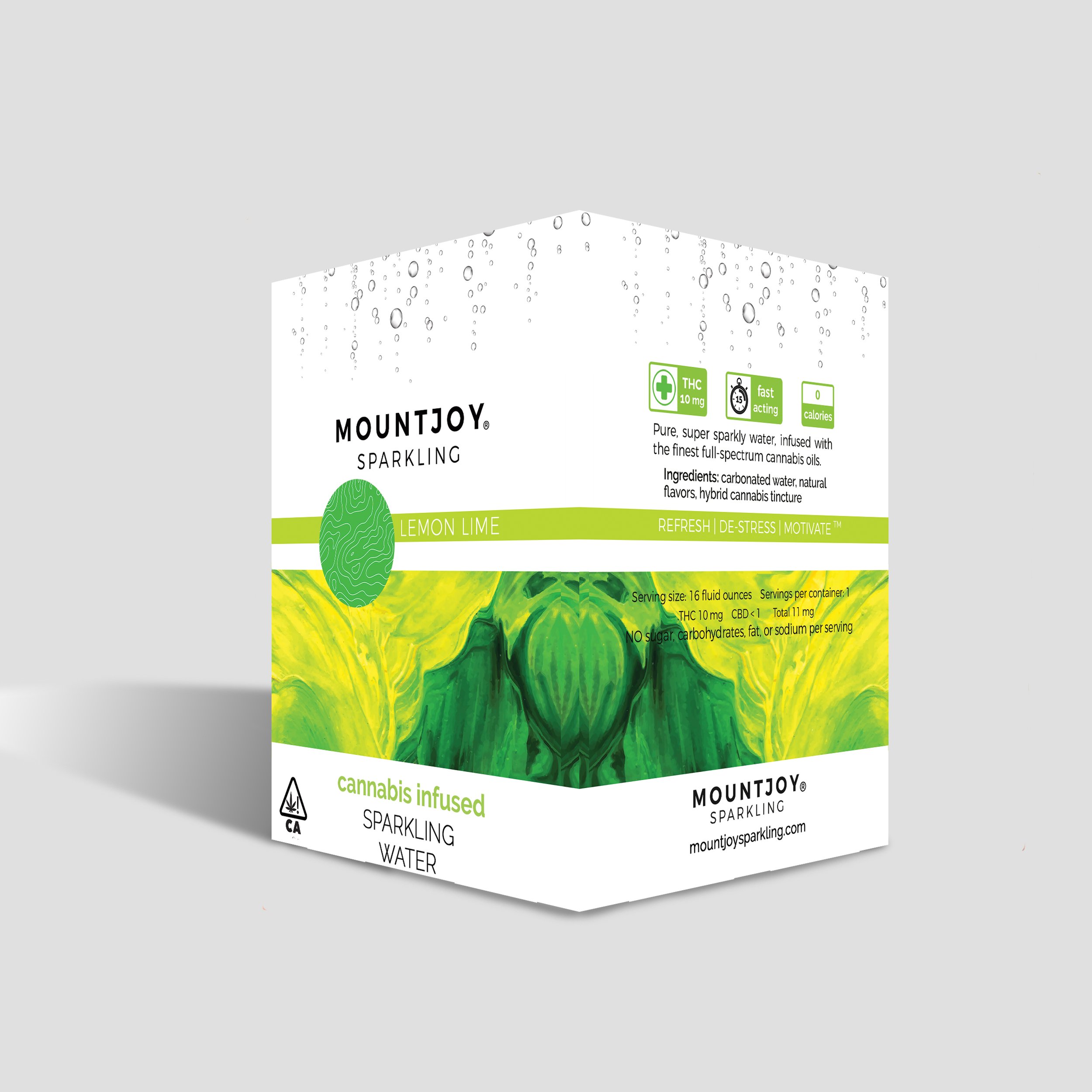 A mock-up of a box of Mountjoy Sparkling in Lemon Lime flavor, featuring a green and yellow design.