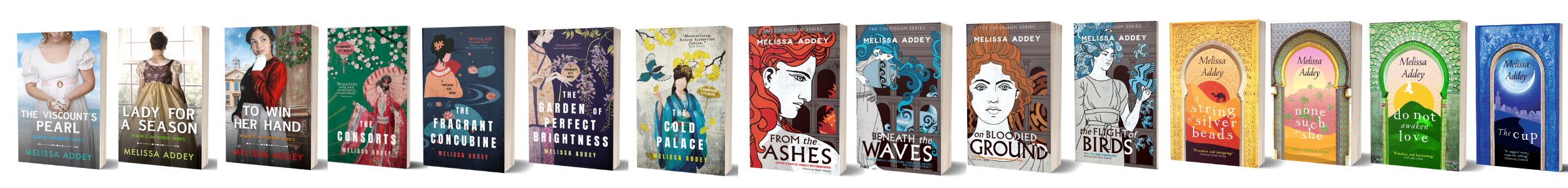 Melissa Addey's fifteen historical fiction novels arranged in a banner.