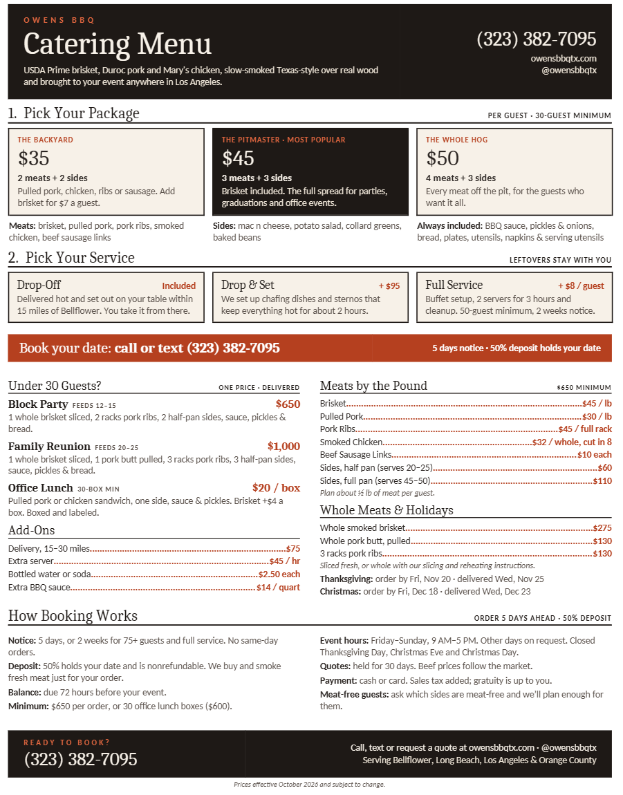 Owens BBQ Catering Menu
