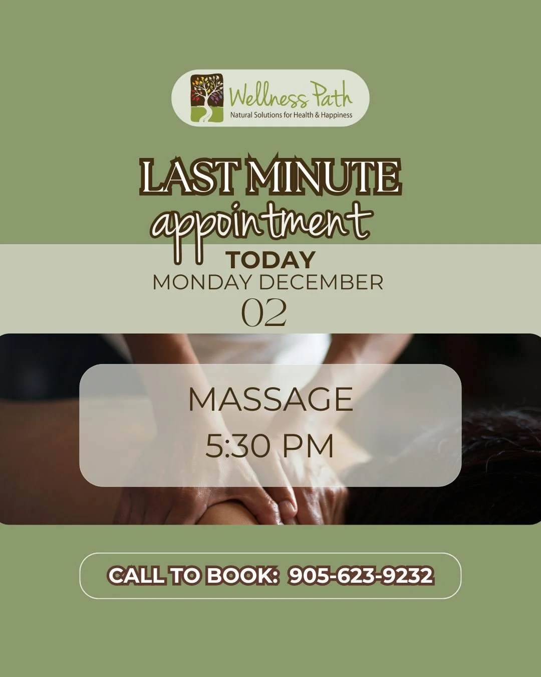 🚨 LAST-MINUTE OPENING! 🚨 

✨ Rare 5:30 PM massage spot TODAY ✨ 
This never happens this time of year&mdash;don&rsquo;t miss it! 

📞 Call 905-623-9232 to book now! First come, first serve! 💆&zwj;♀️ 

#MassageTherapy #RelaxationTime #SelfCareMatter
