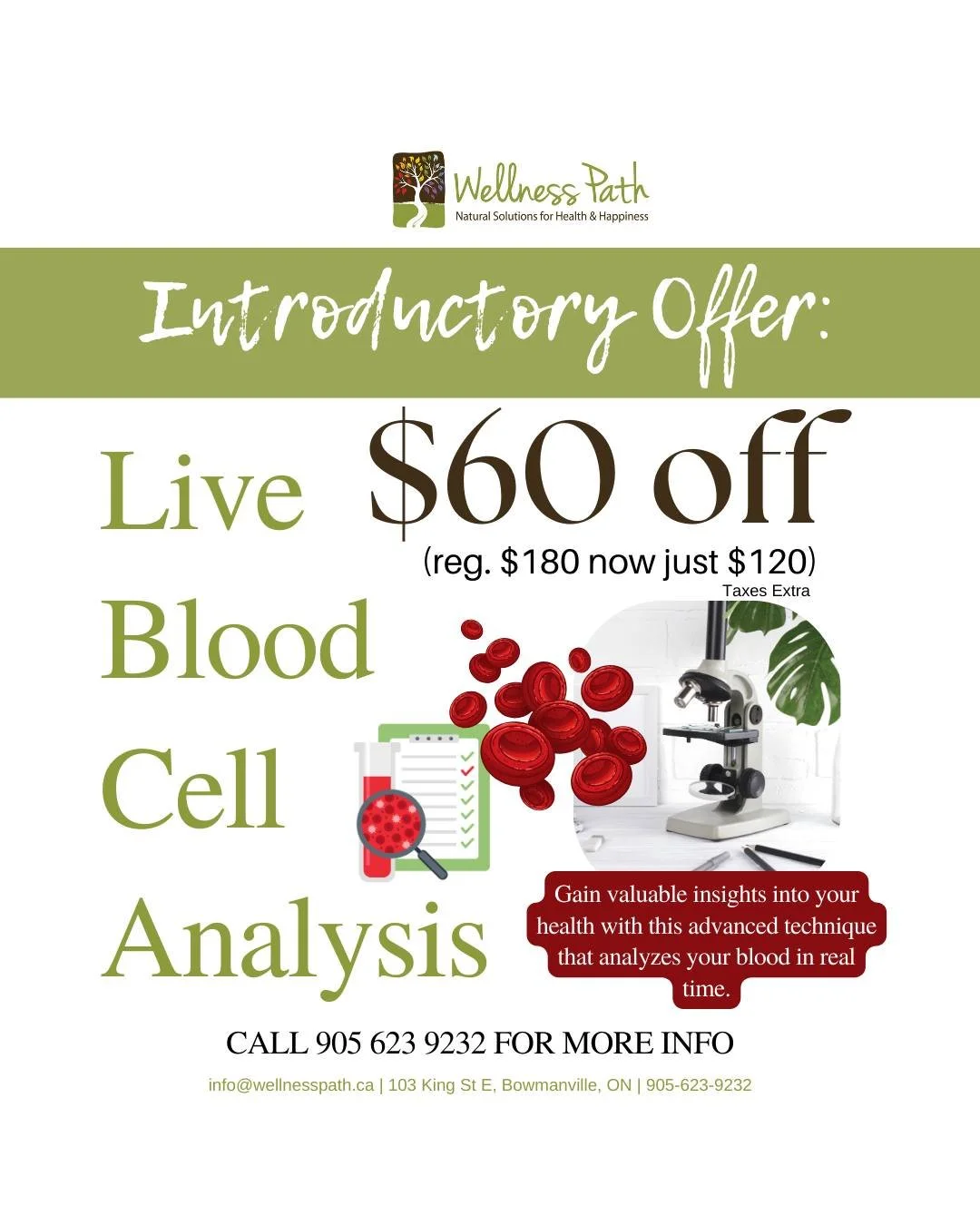 🚨 LIVE BLOOD CELL ANALYSIS 🚨

💉 ONLY $120 (save $60!) 💉

This is for you if:
✨ You&rsquo;re tired of feeling sluggish or &ldquo;off.&rdquo;
✨ You struggle with low energy, stress, or poor digestion.
✨ You want personalized insights into your heal