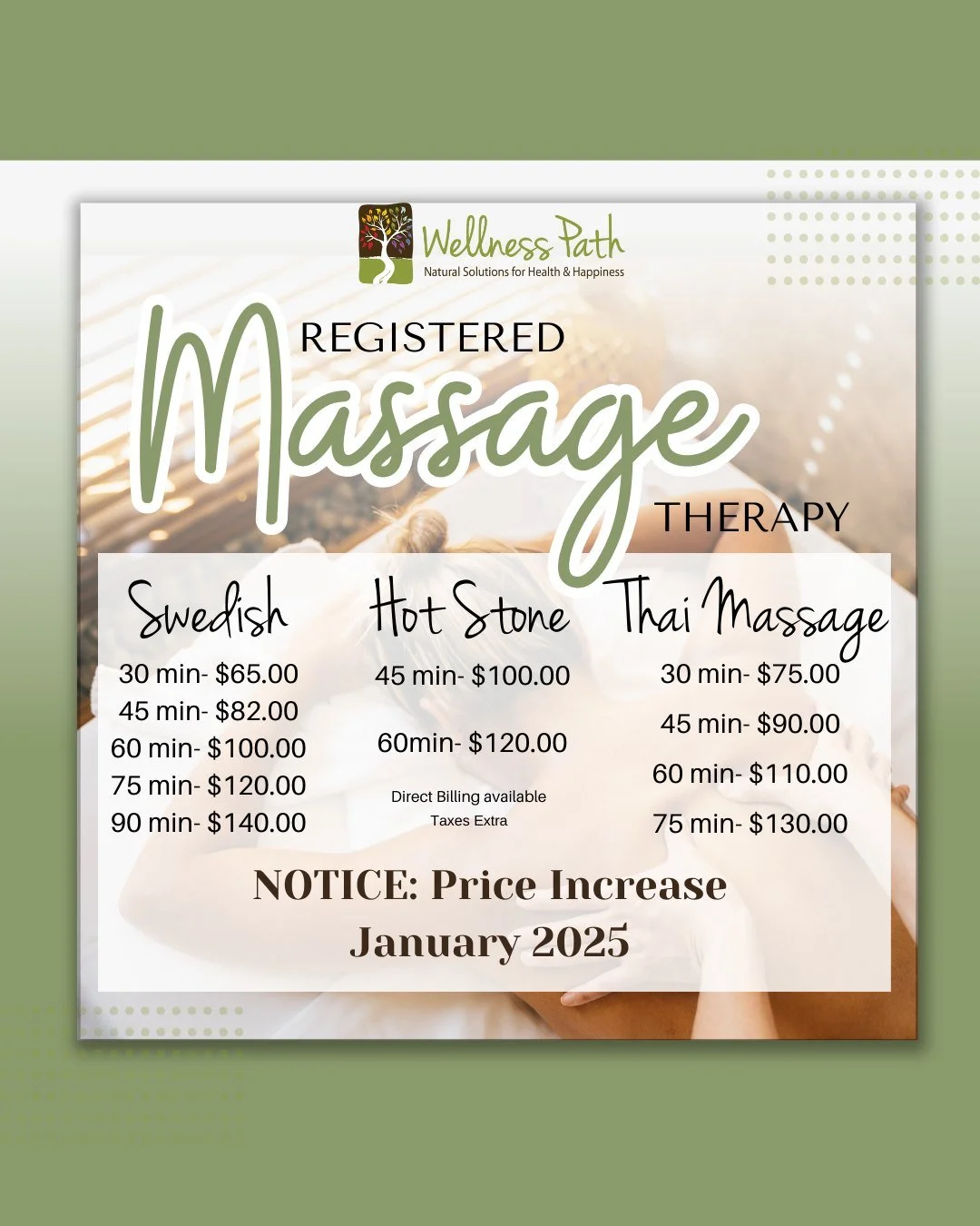 🚨 Exciting Updates &amp; Price Change Alert! 🚨

✨ Introducing Thai Massage!
Experience deep relaxation and improved flexibility with our NEW Thai Massage! A perfect mix of stretching and targeted pressure to leave you feeling amazing. Available Jan