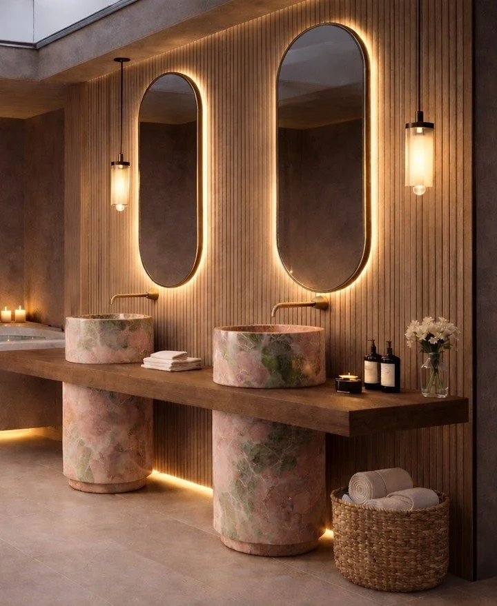 Layered lighting, tactile surfaces and clean geometry come together to create a bathroom that balances calm and sophistication and becomes a place to pause, exhale and relax.

#LightingGoals #BathroomDesign #AIinInteriorDesign