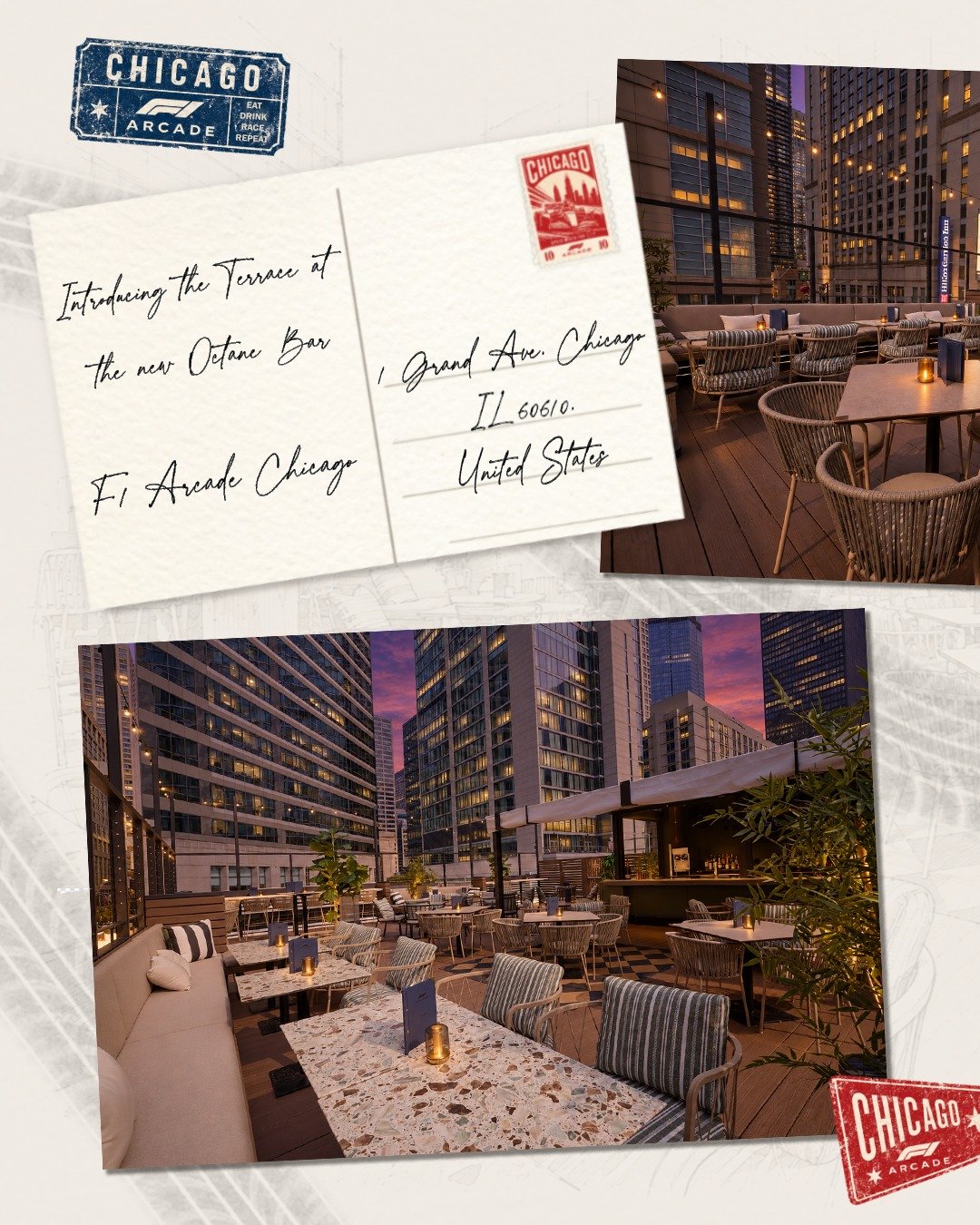 The Terrace at Octane Bar at F1&reg; Arcade Chicago, our latest outdoor space designed to keep the energy going long after the final lap.

Designed as a continuation of Octane Bar, it carries the same energy and character outdoors while creating a de