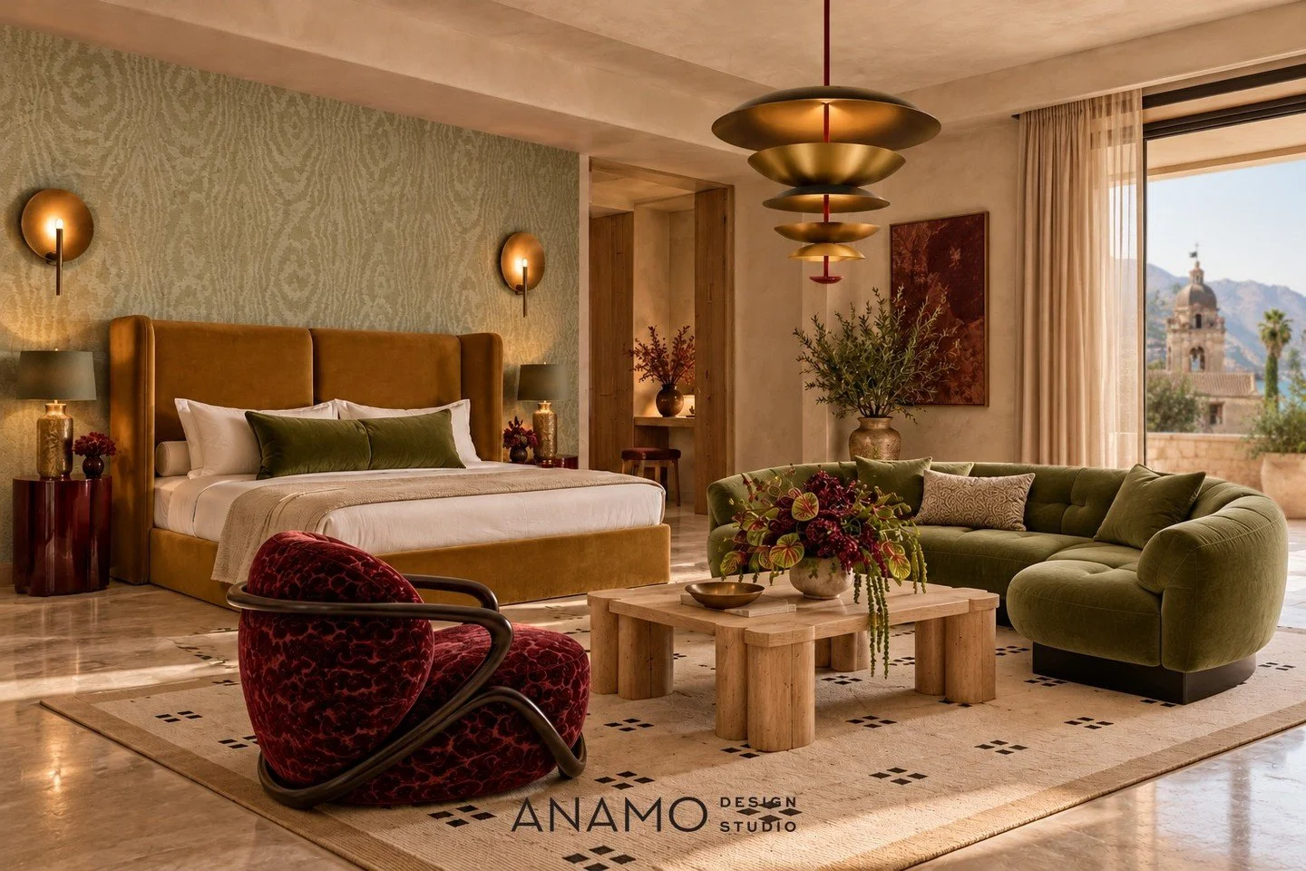 Sunlit, tactile and full of personality. This Mediterranean hotel room pairs earthy tones with bold silhouettes, balancing the comfort of a retreat with a little unexpected drama.

#AnamoDesignStudio #HospitalityDesign #HotelDesign