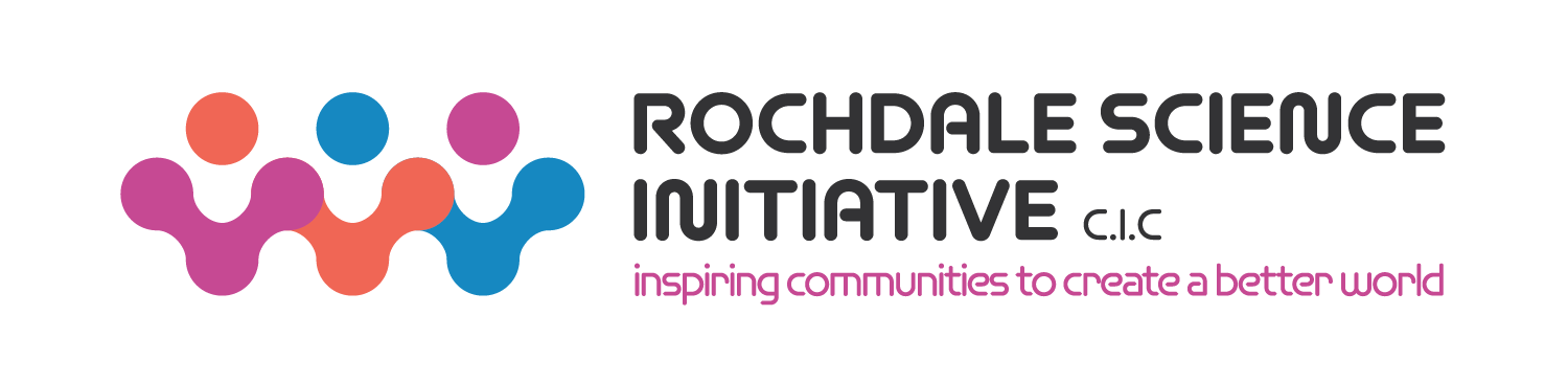 Logo of Rochdale Science Initiative with a stylized graphic of interconnected purple, orange, and blue circles and text 'ROCHDALE SCIENCE INITIATIVE CIC' with the slogan 'inspiring communities to create a better world' in purple.
