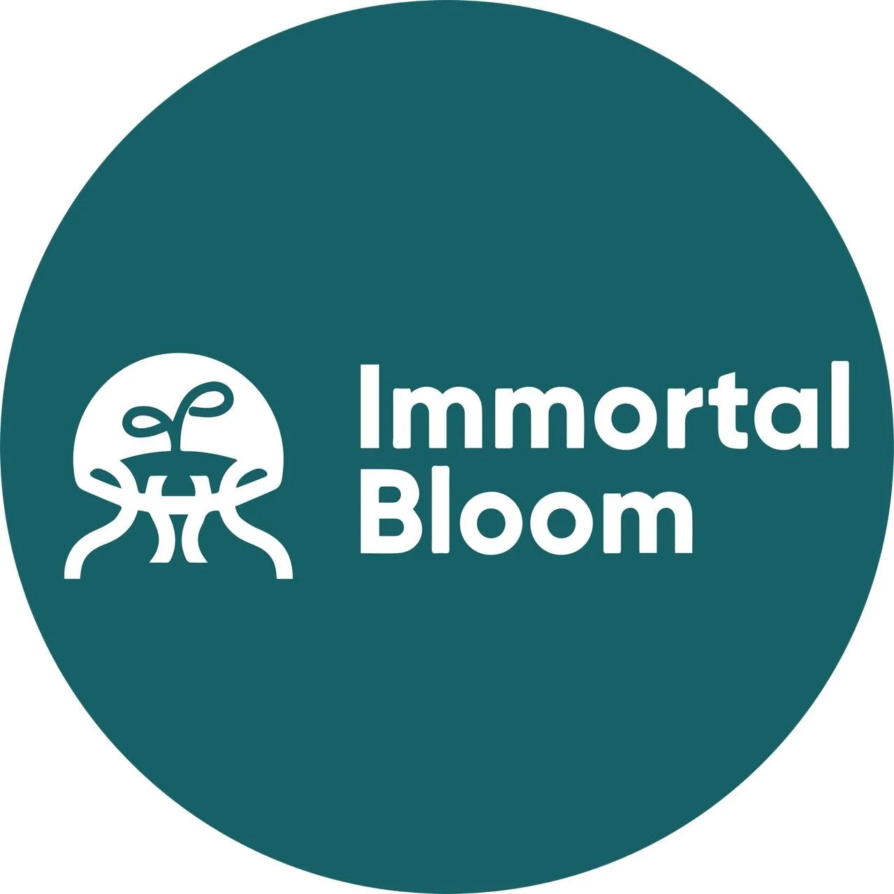 A circular logo with a dark teal background featuring a stylized white tree and the text "Immortal Bloom" beside it.