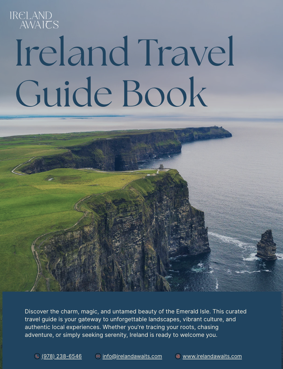Cover of Ireland Travel Guide Book featuring Cliffs of Moher, lush green grass, and ocean waves in Ireland.