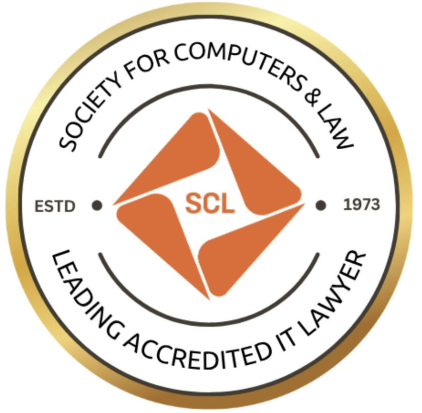 A circular emblem for the Society for Computers & Law with the text "Leading Accredited IT Lawyer", established in 1973, featuring a diamond-shaped orange logo with the letters "SCL" inside.