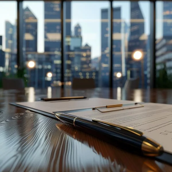 Conference room with documents and pens on a wooden table, overlooking a city skyline through glass walls.