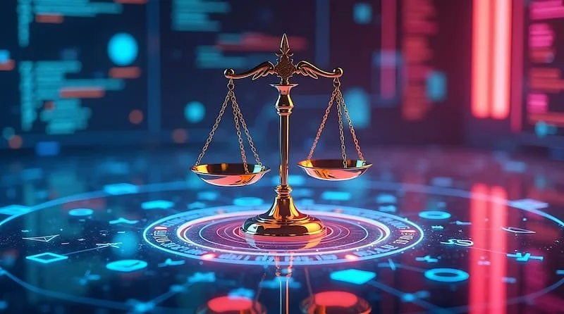 Digital illustration of a golden balance scale over a holographic display with data and charts, symbolizing justice and technology.