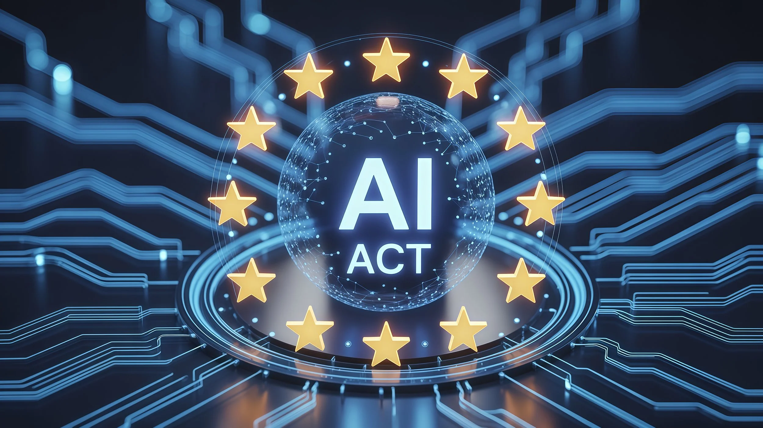 Digital illustration of artificial intelligence (AI) acting, with the words 'AI ACT' in the center inside a glowing globe surrounded by yellow stars, set against a dark background with blue circuit lines.