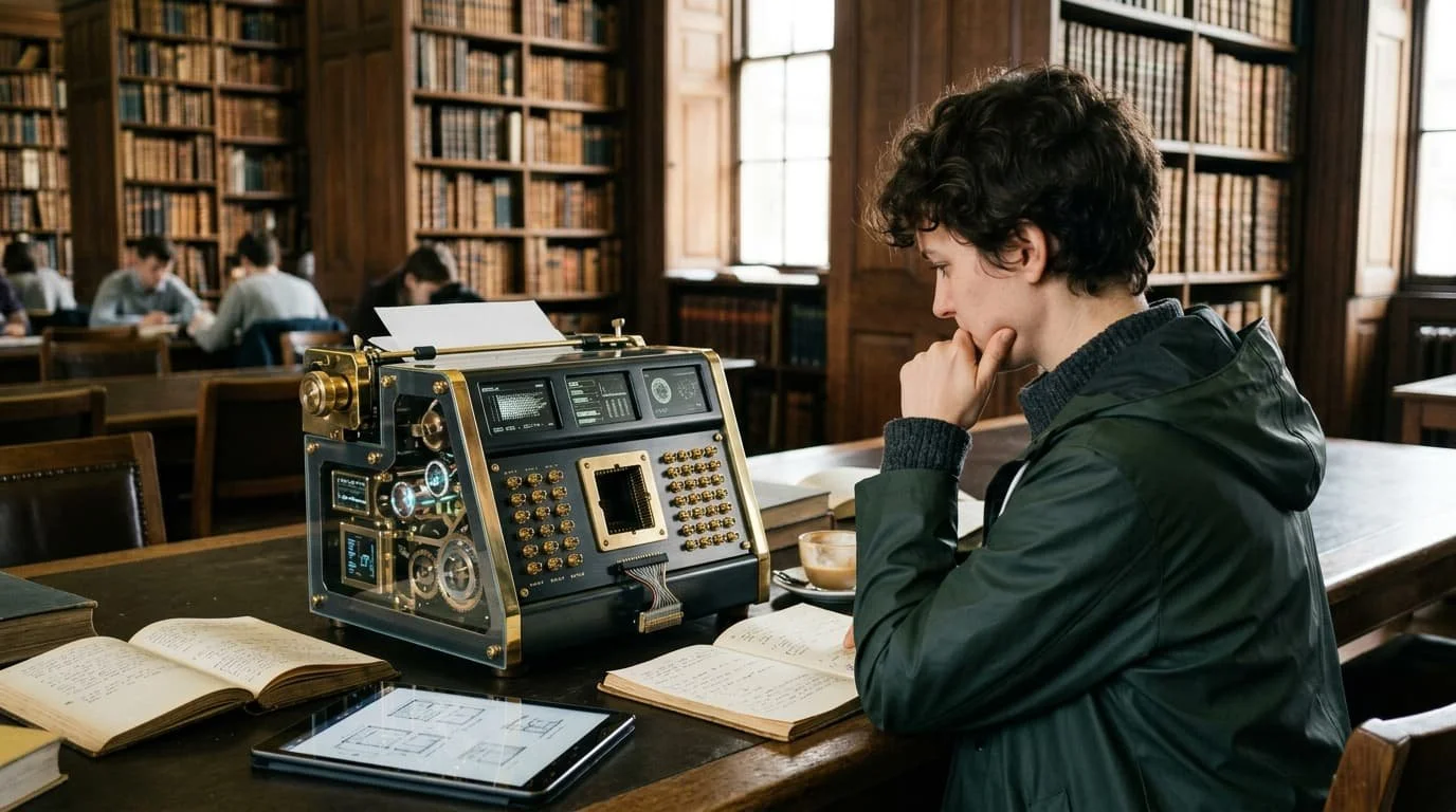 reviewing a broken modern machine in a law library