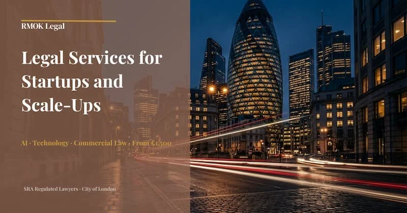A digital graphic promotes legal services for startups and scale-ups, featuring a cityscape with tall buildings and light trails from moving cars at night, with text indicating services for AI, technology, and commercial law in London.
