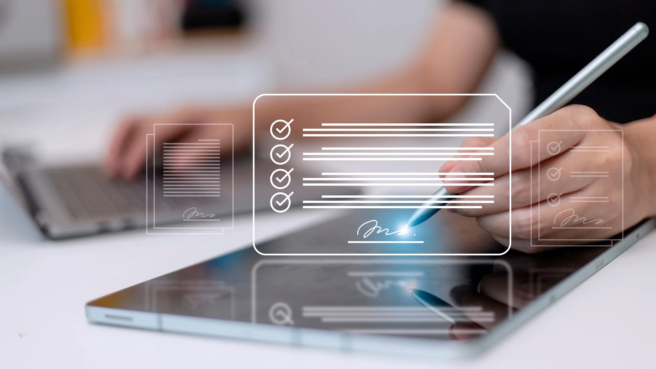 Person signing a document on a tablet with digital checkmarks and lines overlayed in a futuristic, holographic style.