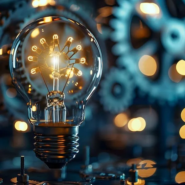 A lightbulb with clock gears inside, reflecting a science or technology theme with blurred gear mechanisms in the background.