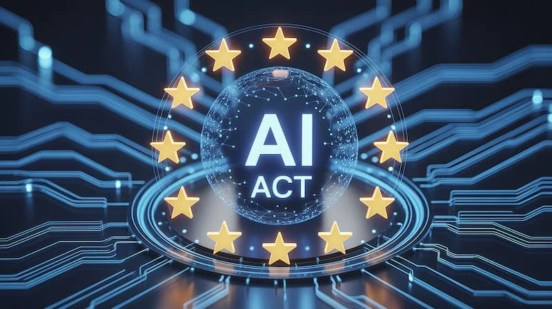 Digital illustration of artificial intelligence with a globe in the center surrounded by a circle of European Union stars, and electronic circuit patterns in the background.