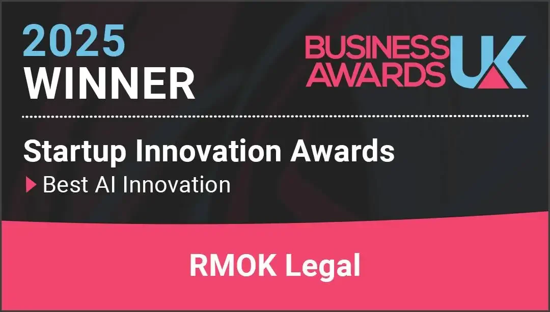 A digital graphic announcing that RMOK Legal is the winner of the 2025 Startup Innovation Award for Best AI Innovation at the UK Business Awards, featuring a black background with pink, white, and blue text and design elements.