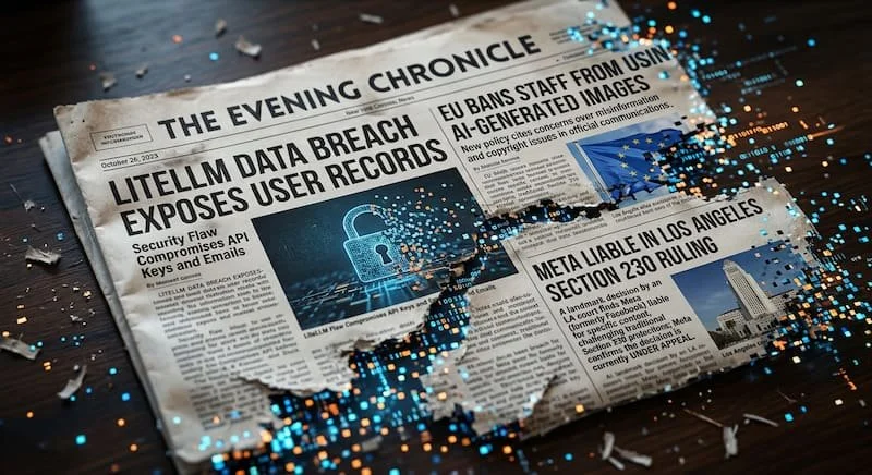 A torn newspaper titled "The Evening Chronicle" with headlines about data breaches, EU bans on AI-generated images, and a legal ruling in Los Angeles, surrounded by scattered blue and orange pixels on a dark wooden surface.