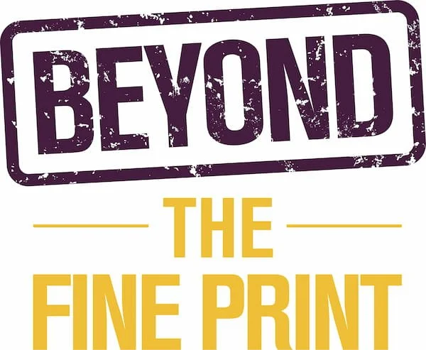 Stylized logo with the word 'BEYOND' in distressed purple print and 'THE FINE PRINT' in gold uppercase letters below, separated by thin horizontal lines.