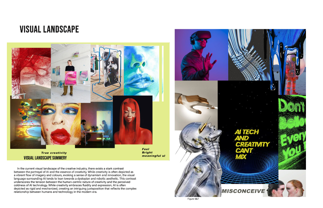 AI visual landscape consisting of futuristic, robotic feel.I contrasted this trend with bright, creative colours to diminish any preconceptions AI holds within demolishing human creativity.