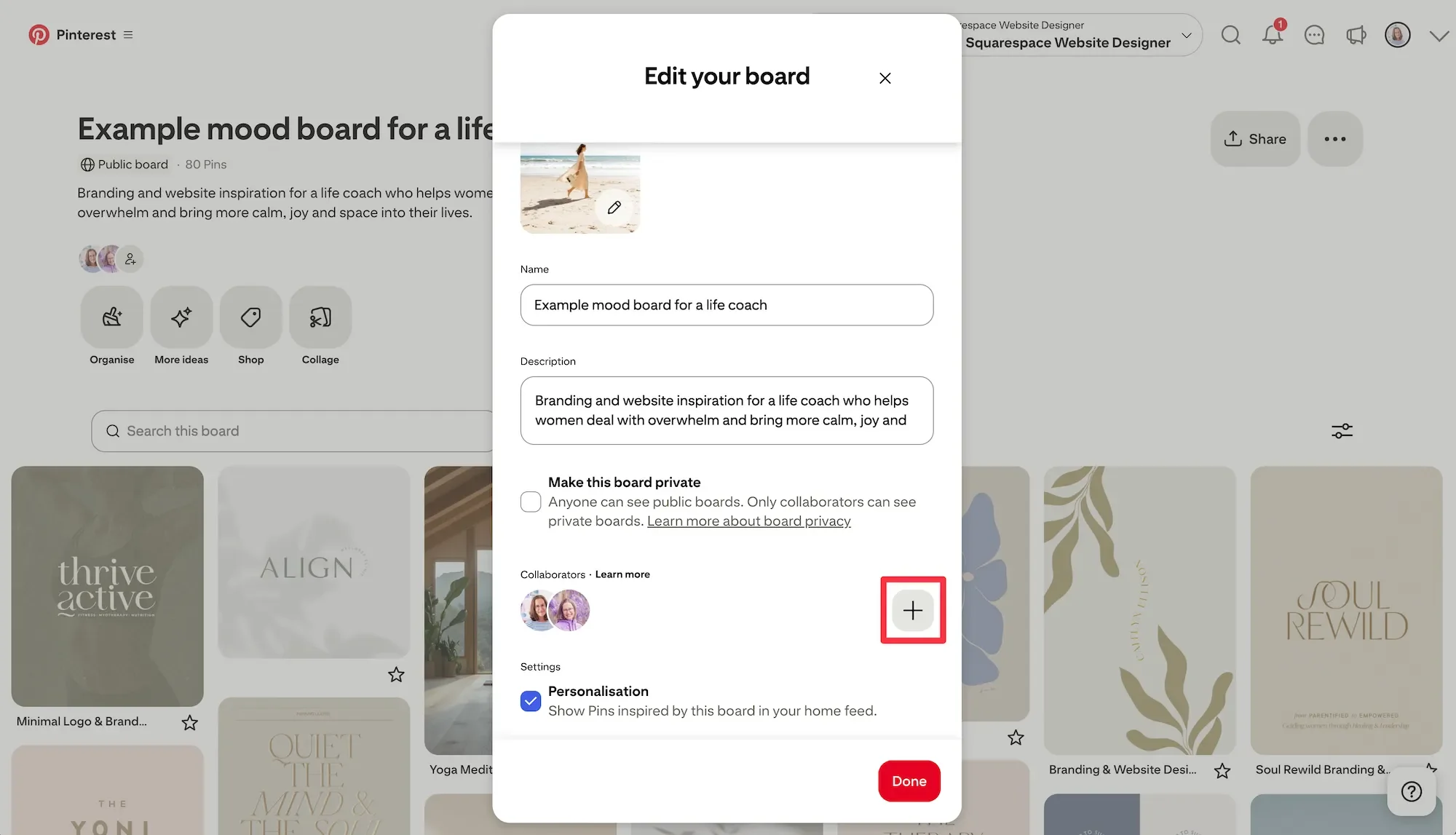 How to add a collaborator to share your Pinterest board (screenshot)