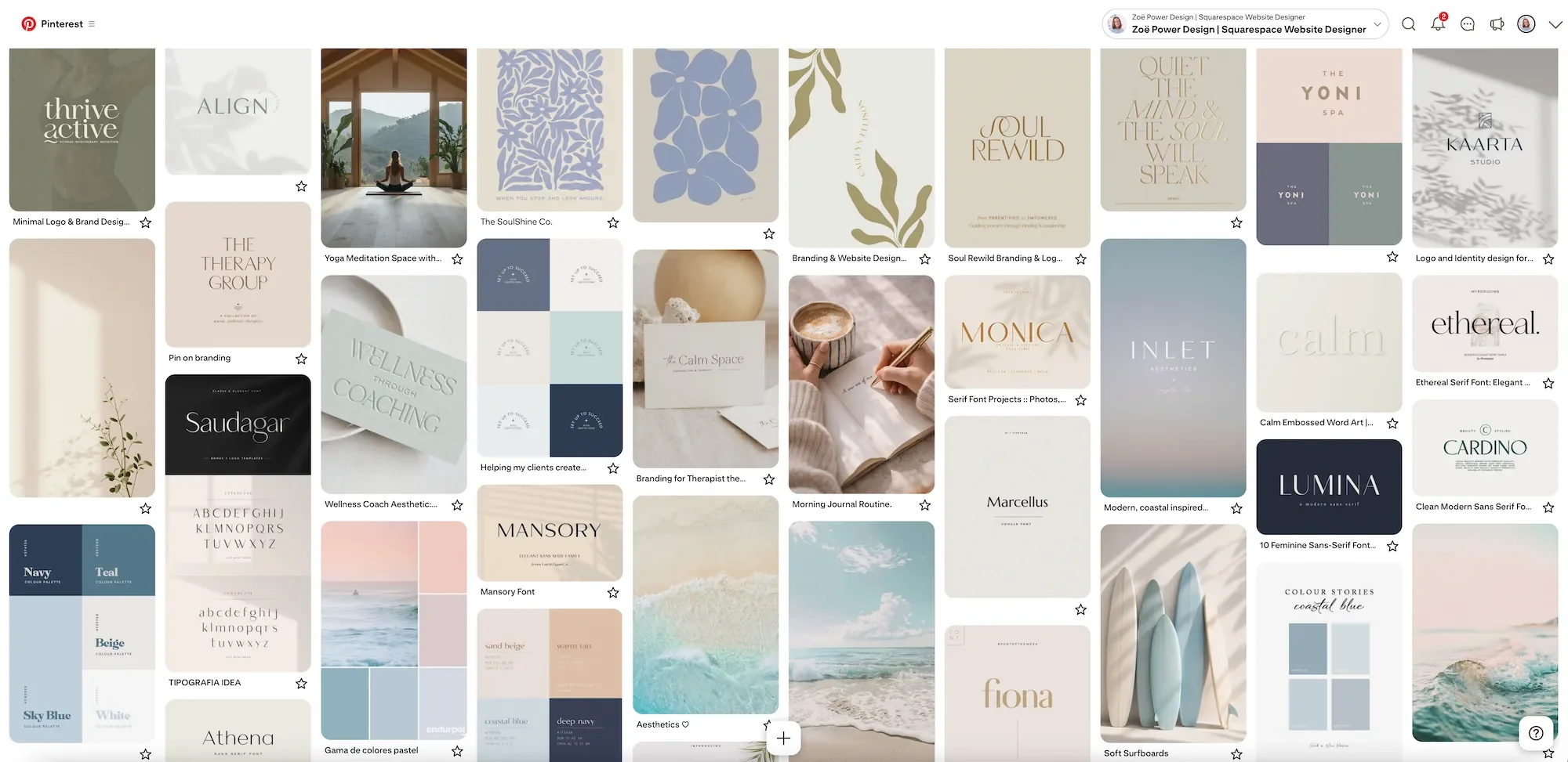 Example Pinterest mood board for a life coach showing logos, fonts, colour palettes, photos and more