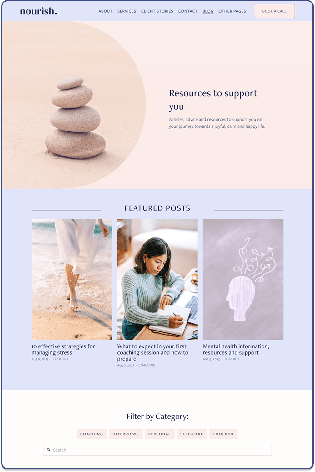 Screenshot of the blog page of the Nourish Squarespace Website Template designed by Zoe Power
