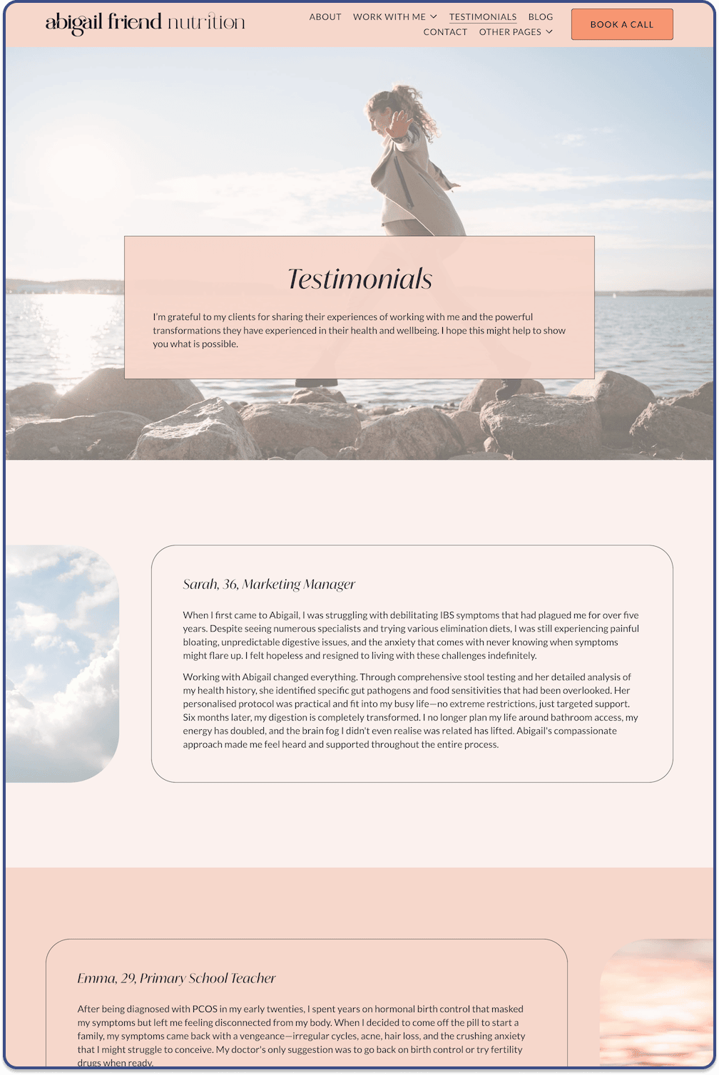 Screenshot of the Testimonials page of the Abigail Squarespace Website Template designed by Zoe Power