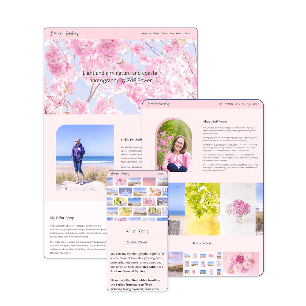 Mock-ups of a custom website design by Zoë Power