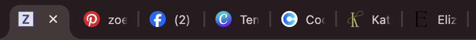 Examples of Favicons that use letters in their design, shown in Dark mode in a web browser tab