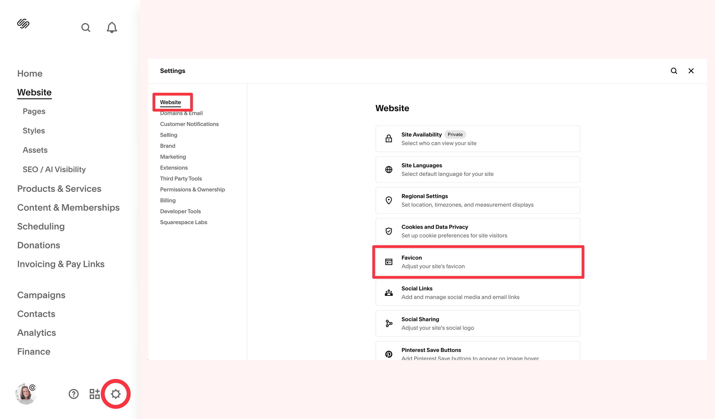 Squarespace screenshots, showing the settings cog and then the Settings main menu, where you can select Favicon