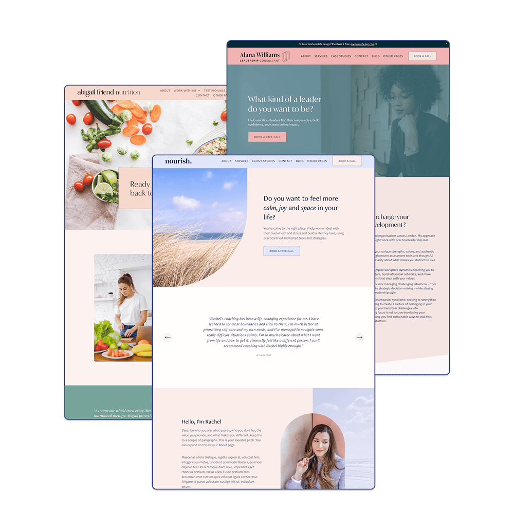 Screenshots of Squarespace website templates designed by Zoe Power
