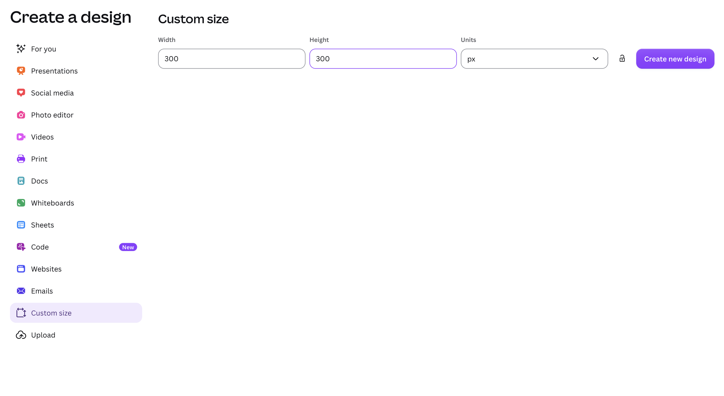 Canva screenshot, showing how to create a design in a custom size of 300x300px