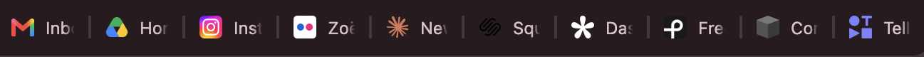 Examples of Favicons that use icons, shown in Dark mode in a web browser tab